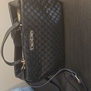 Bebe Black Woven Tote Bag with Gold Logo W/ Crossbody Straps Retail $119